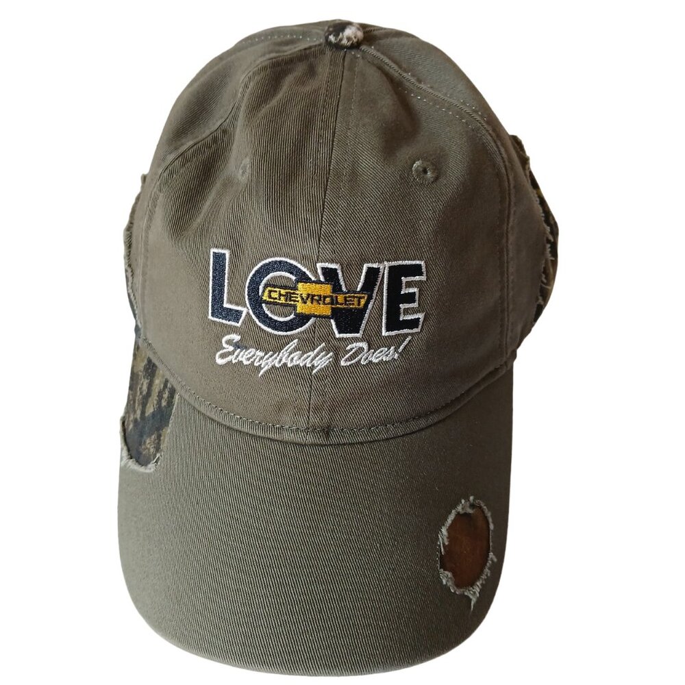 Love Chevrolet Chevy Car Dealership Distressed Camo Baseball Cap